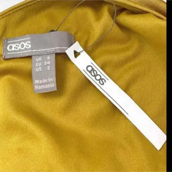 ASOS NEW One Shoulder Long Sleeve Gorgeous Yellow Gold Slinky Asymmetric Dress 2 - Picture 5 of 9